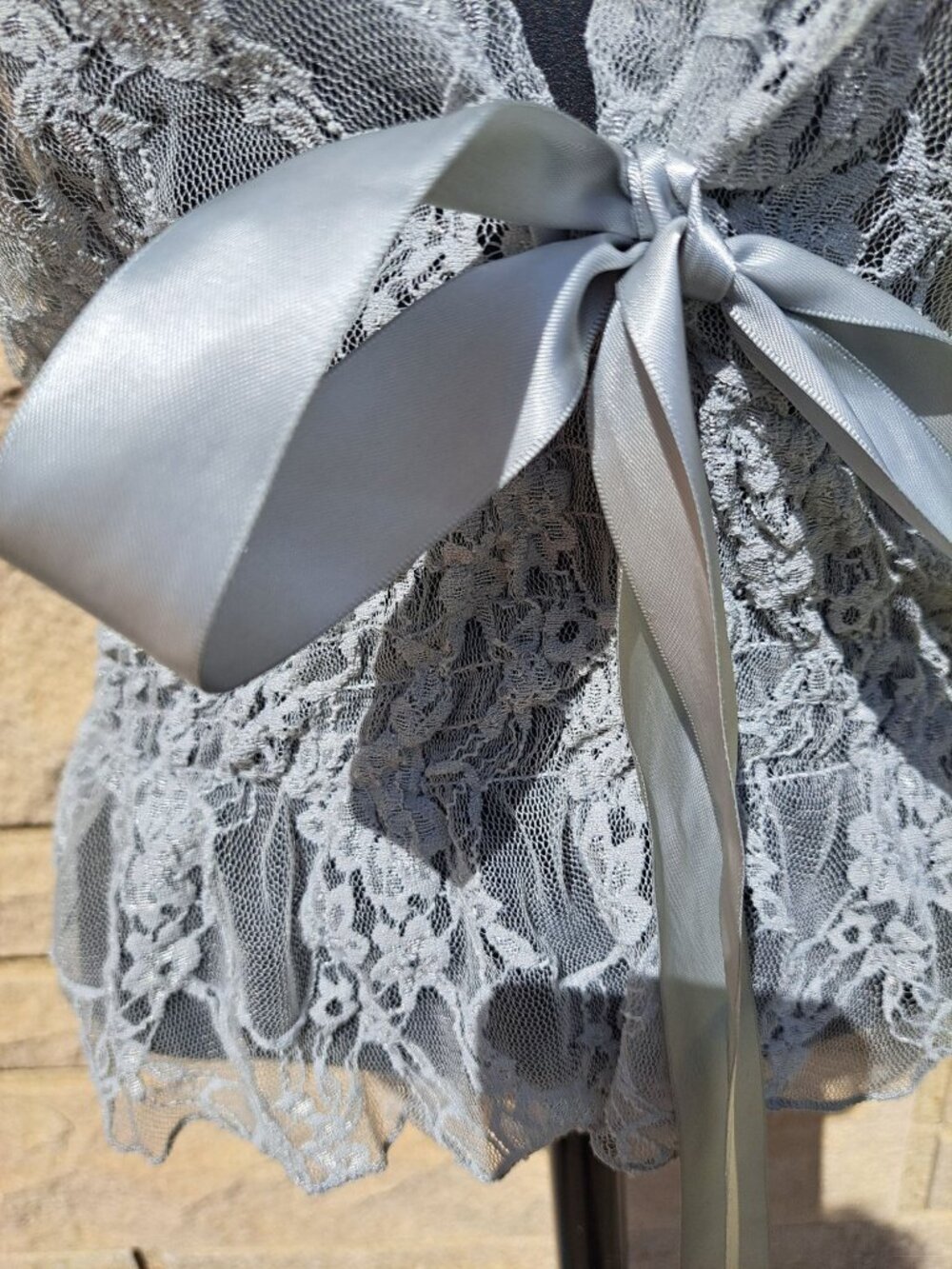 Y2K Sheer Lace Gray Blue Top Satin Ribbon Tie Floral Short Sleeves Romantic Med - Picture 5 of 11